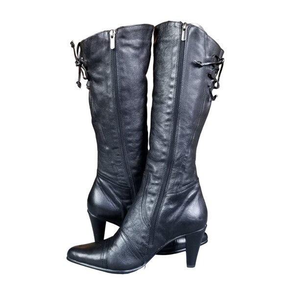 Black fur lined Italian Leather Tall boots with super adjustable calf size 7 - Picture 7 of 15